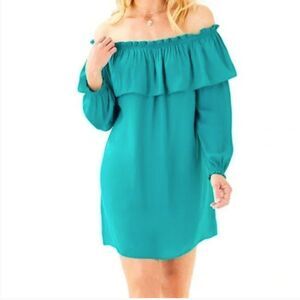 Lilly Pulitzer Dee Dee Mini Dress Off the Shoulder Ruffle Teal Blue Malachite